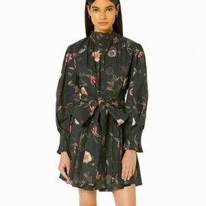 All Saints Luna Kaneshon Floral Pleat Long Sleeve Mock Neck Dress